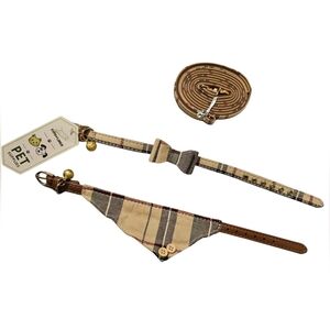 ExPAWLorer Pet Collar & Leash Set – Plaid Bow Tie & Bandana Design, Size Small